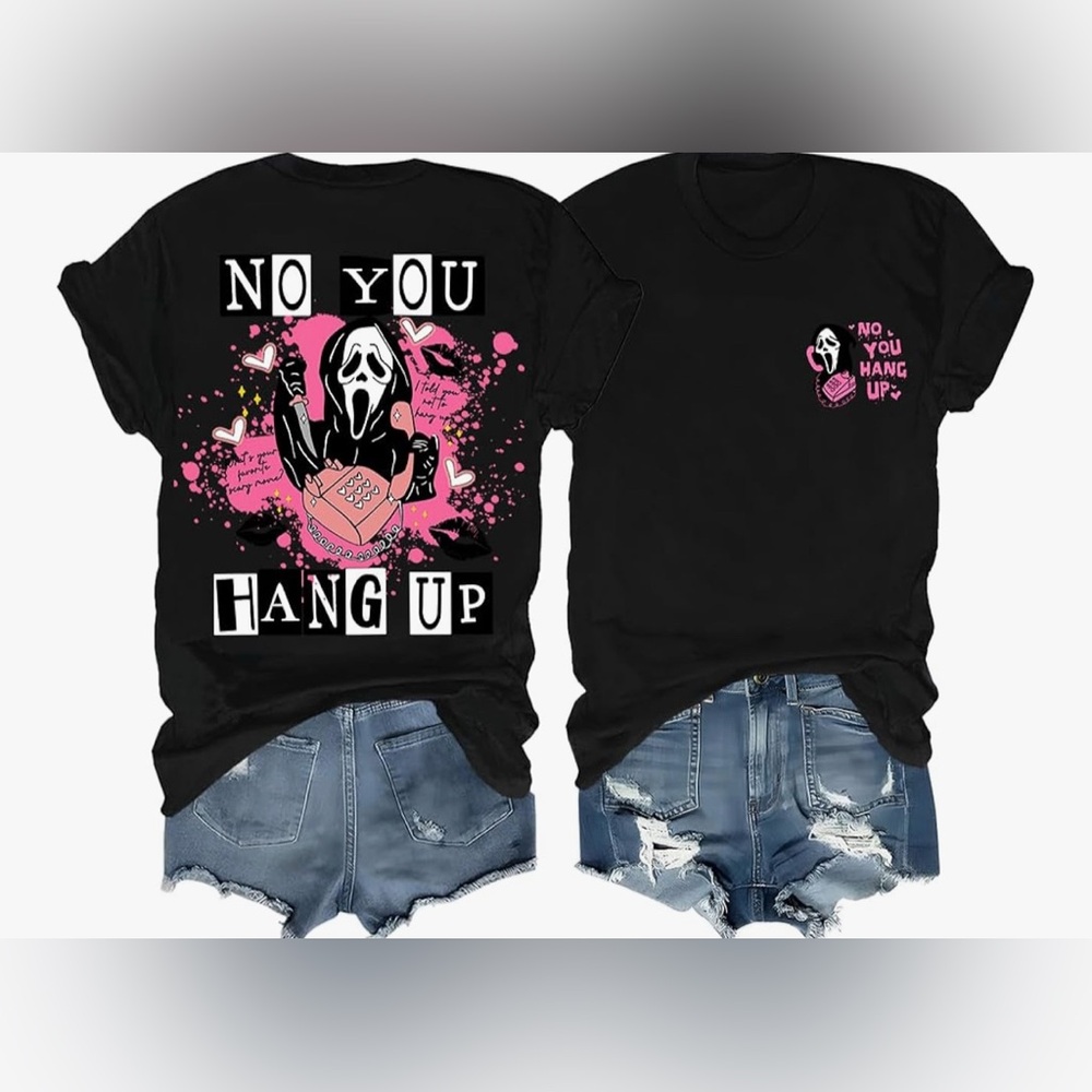 No You Hang Up Scream T-Shirt- Large- Black and Pink Graphic Tee